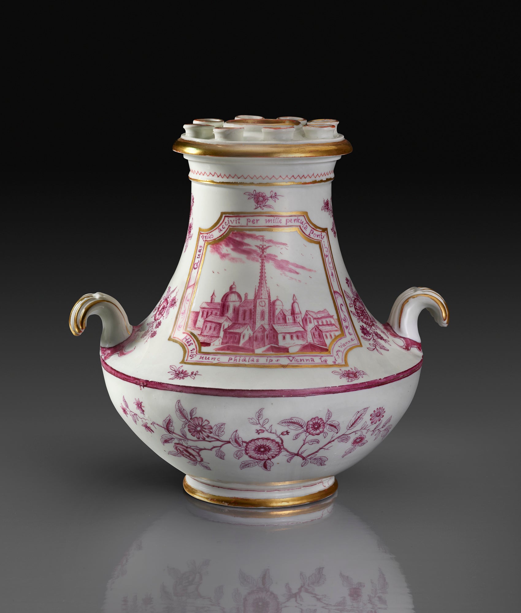 white porcelain tulip vase with purple-red decorations of town and flowers