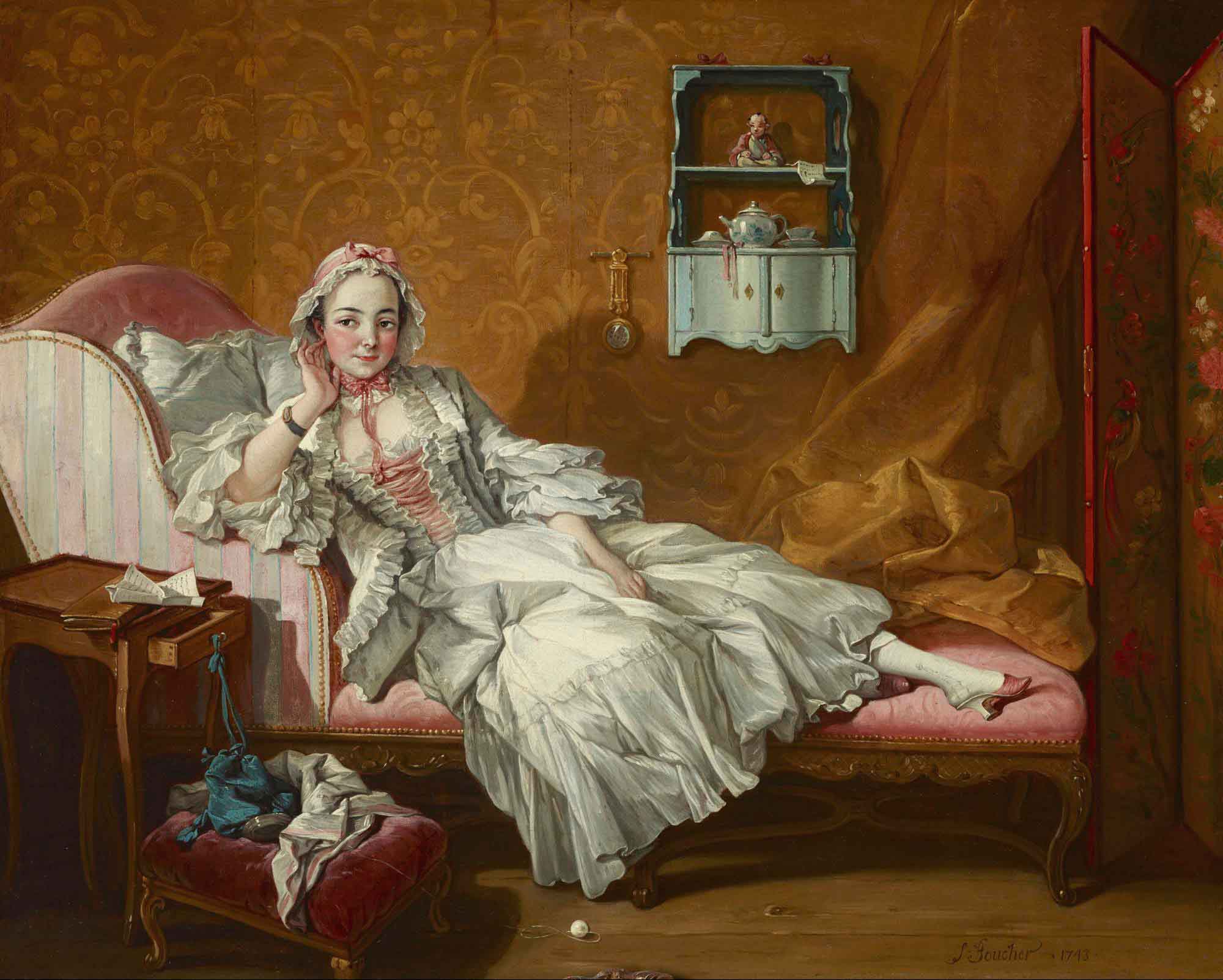 oil painting of woman in dress laying on day bed