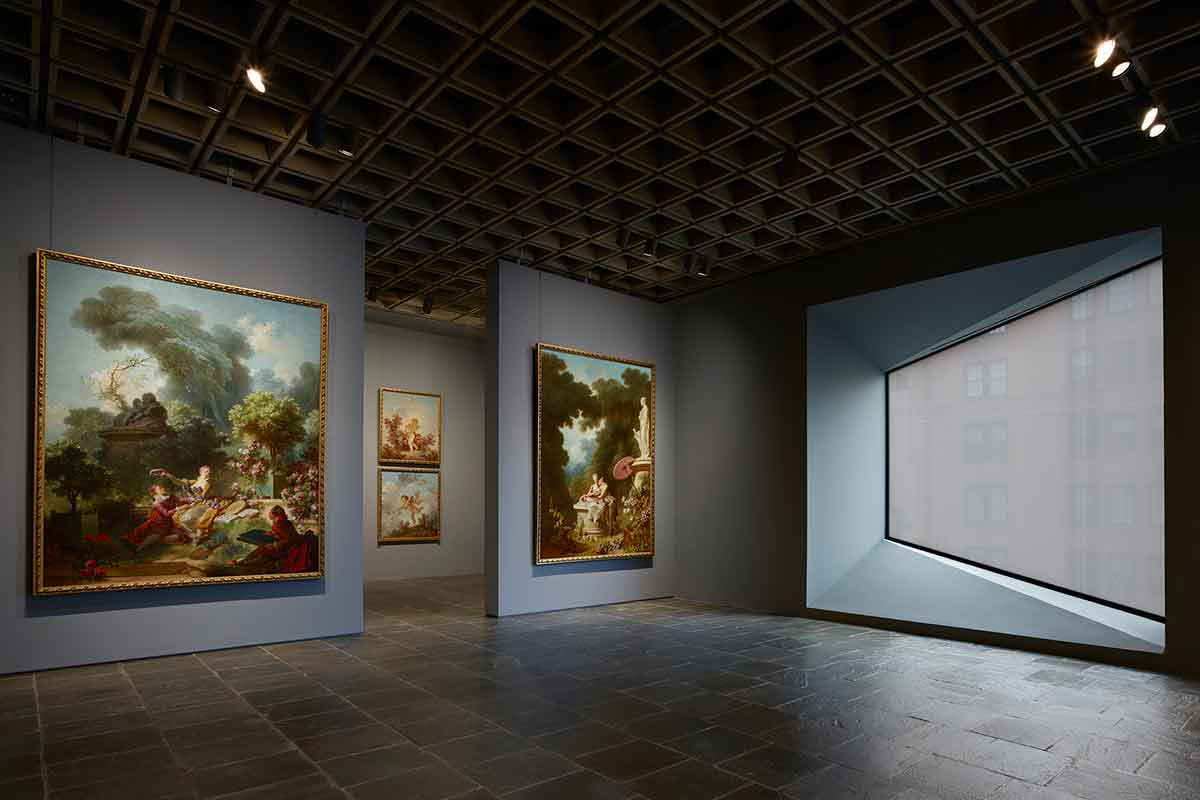 Frick Madison gallery displaying three paintings, and window