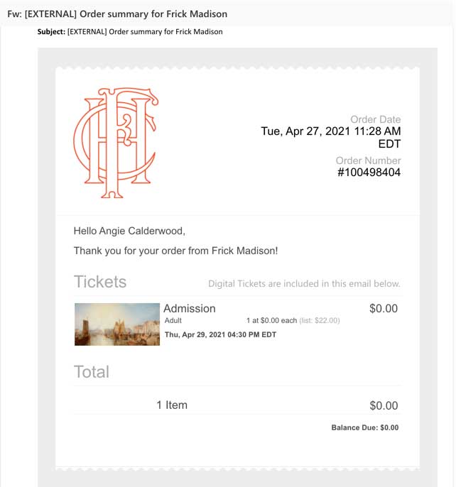 screenshot of email ticket confirmation