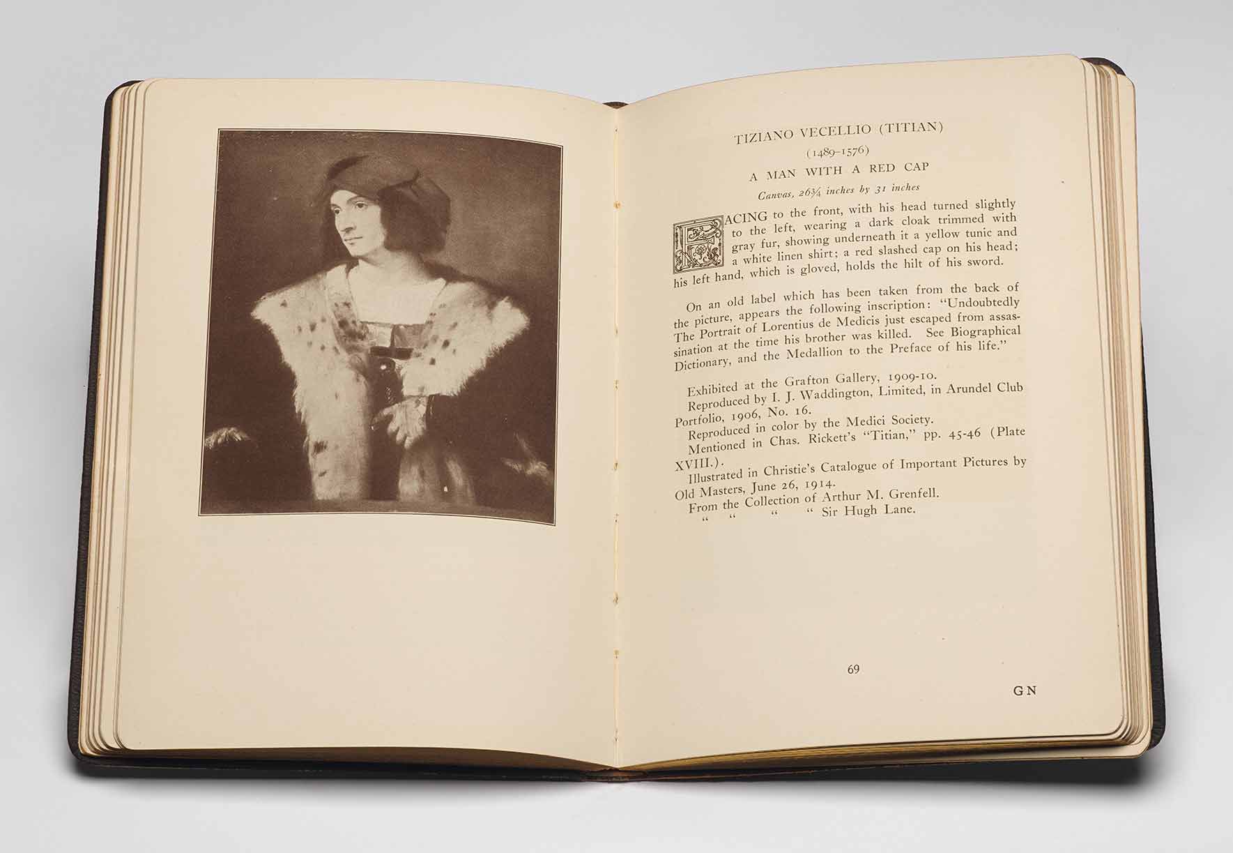 Book open to a spread with text on the right and an image of a man in a cap and large fur-lined coat holding a sword