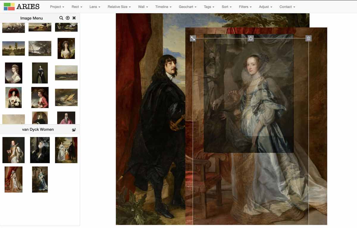 Screenshot of a webpage showing a painting of a standing couple with the woman overlaid with female figures in other paintings