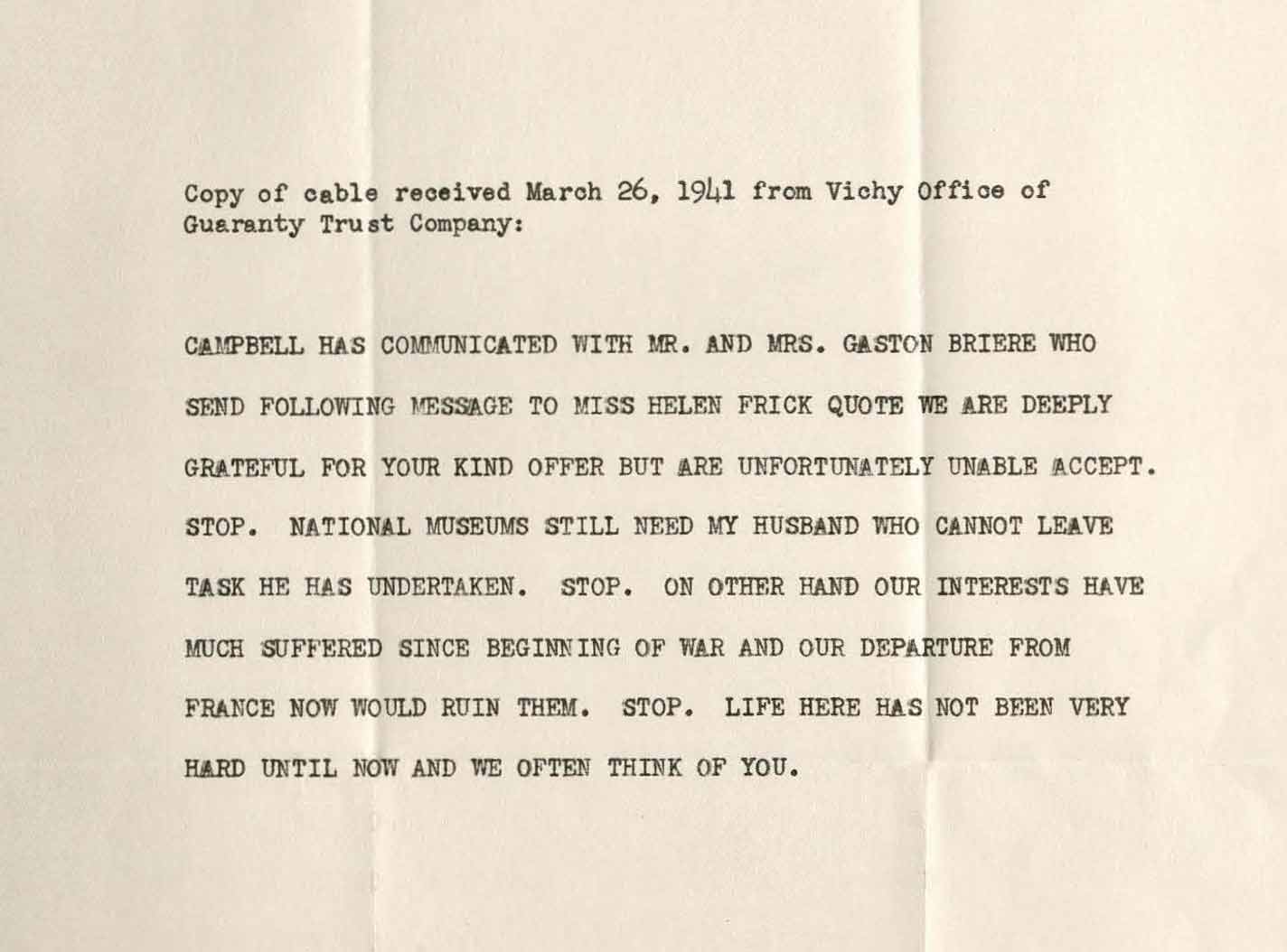 Typed cable from Clotilde Brière-Misme to Helen Clay Frick