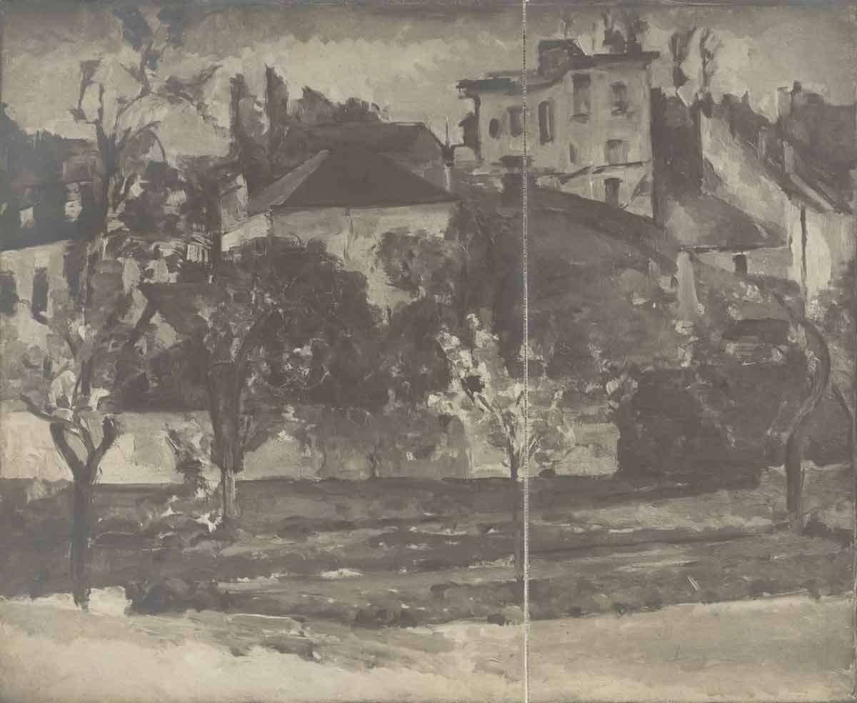 Black-and-white reproduction of a painting of a landscape with trees and a building in the distance
