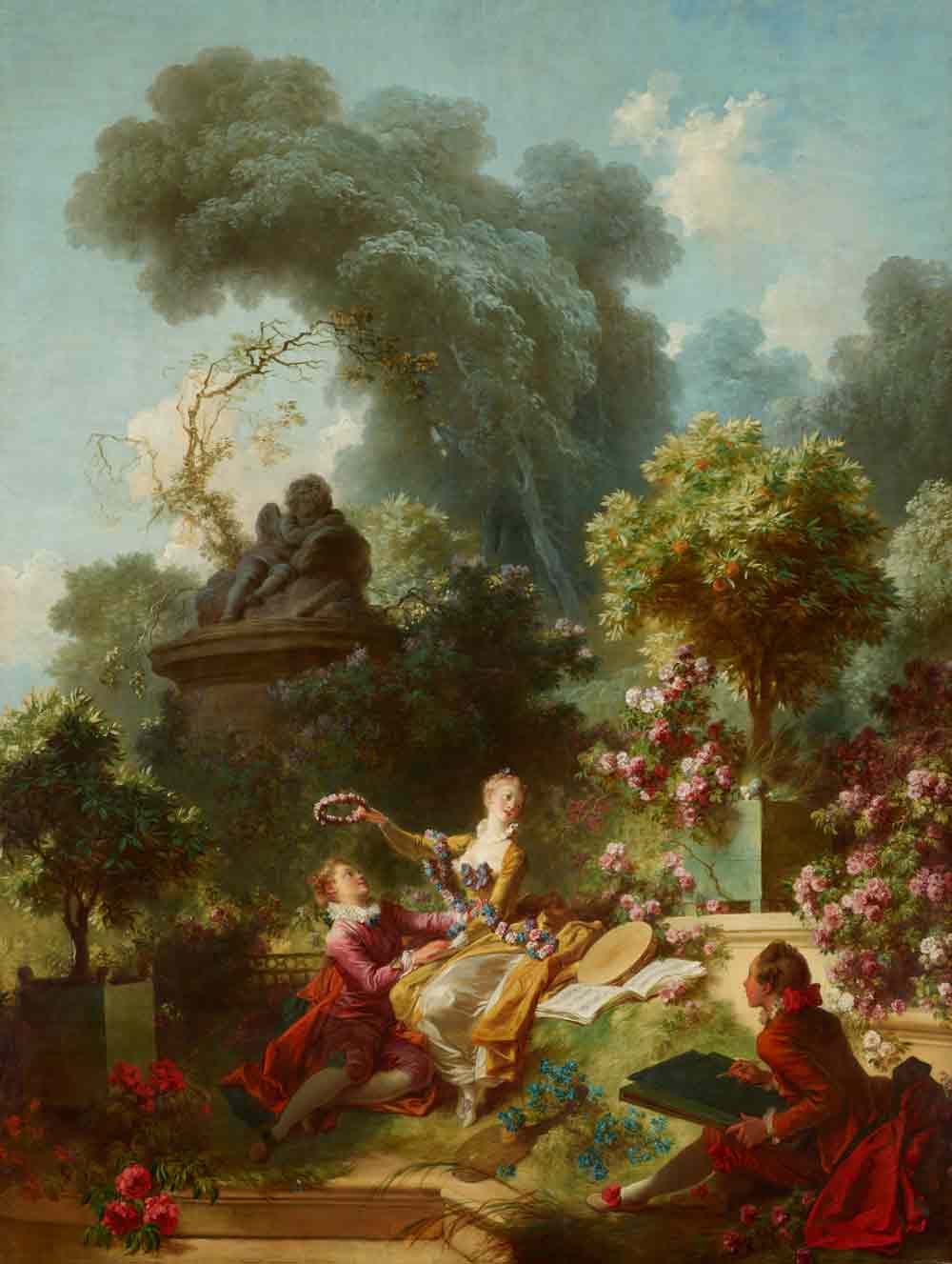 Oil painting of a woman crowning a man with a flower crown while an artist sketches them in a lush green forest