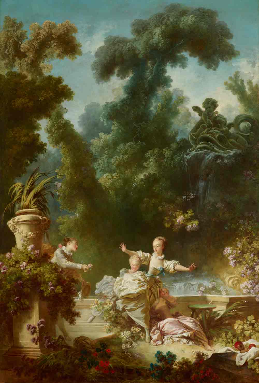 Oil painting of a man surprising two women seated on marble steps amid a lush green forest