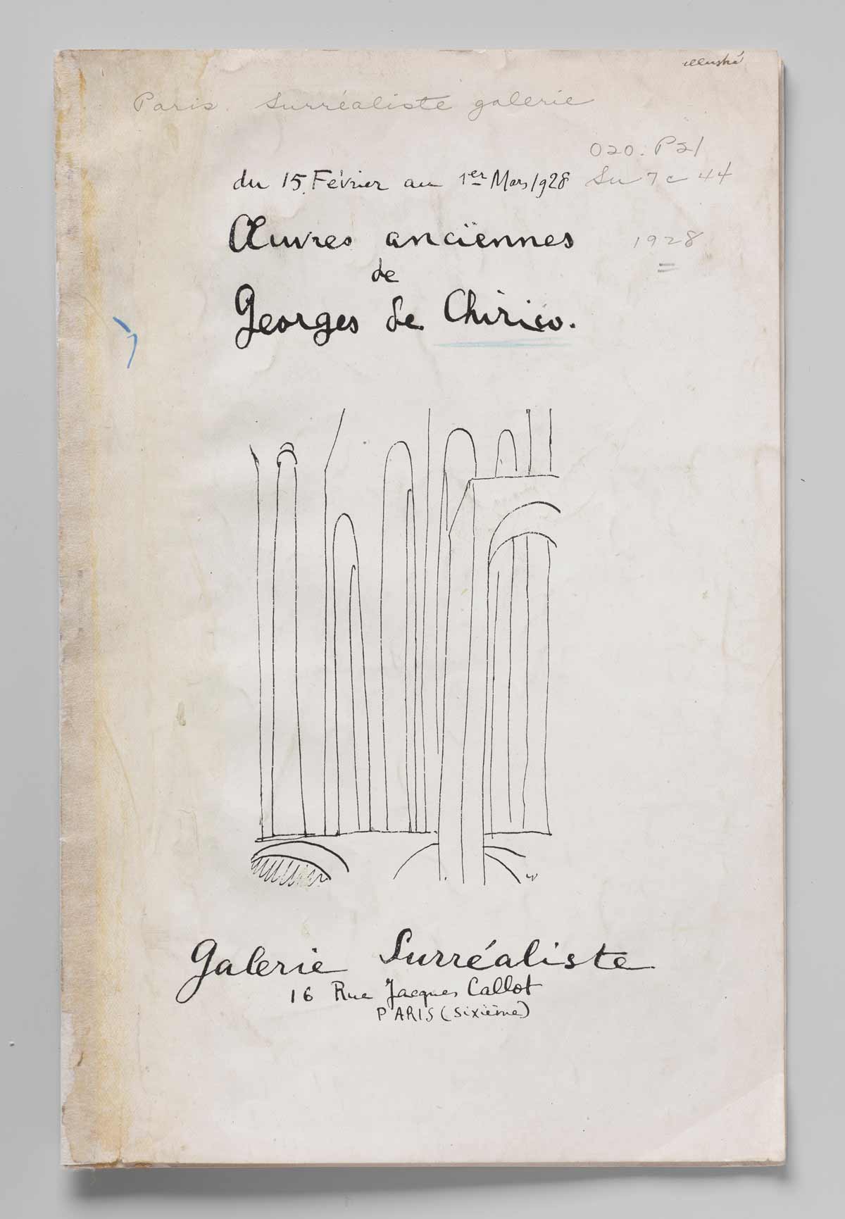 Exhibition catalog cover with text in French and an architectural line drawing with arches