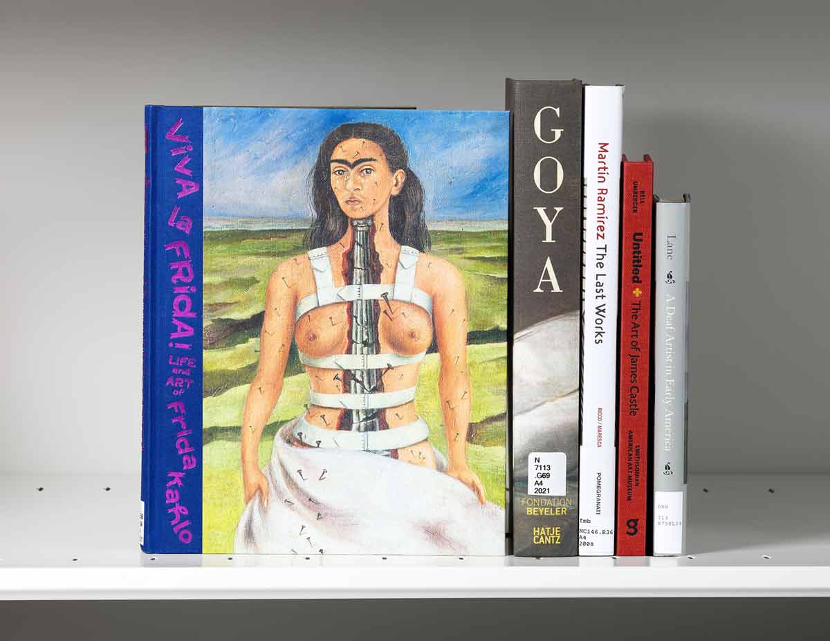 Stack of four books and the cover of a fifth book showing a self-portrait of Frida Kahlo wearing back braces and an interior view of her spine