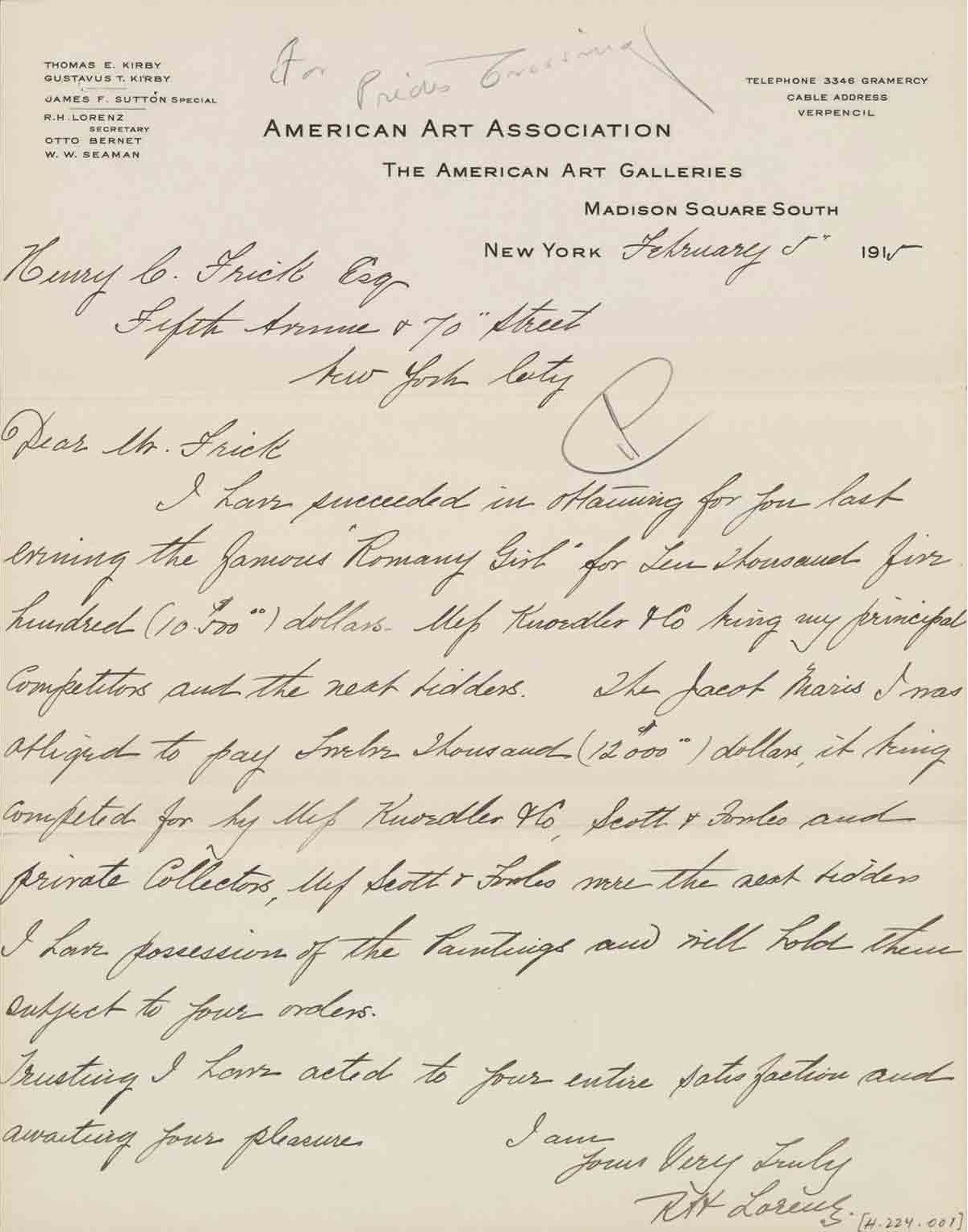 Handwritten letter on American Art Association letterhead
