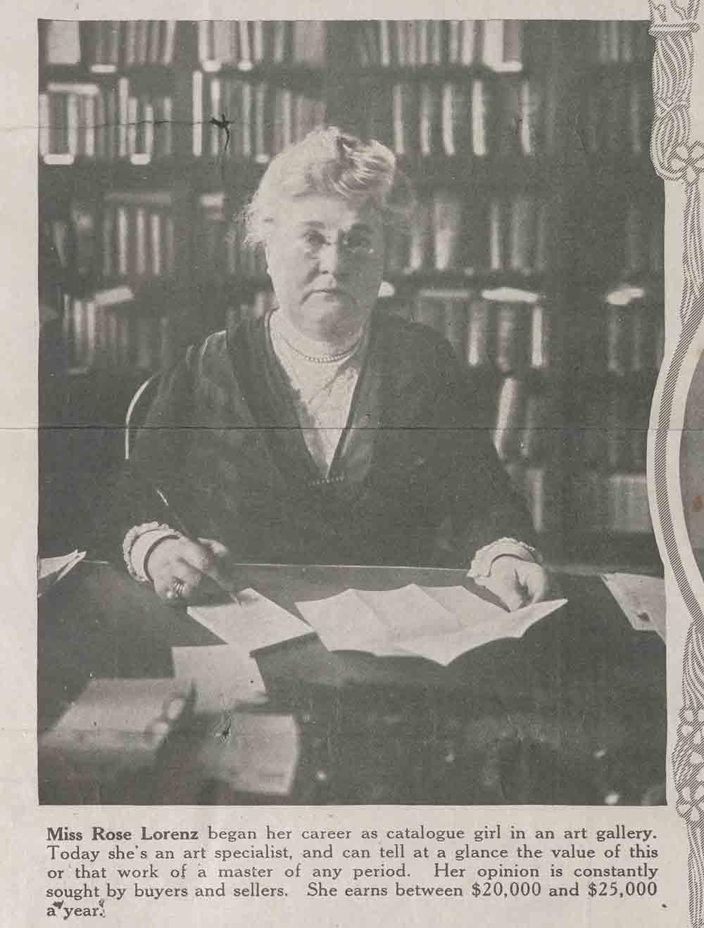 Newspaper clipping of a woman seated at a desk in front of large bookshelves