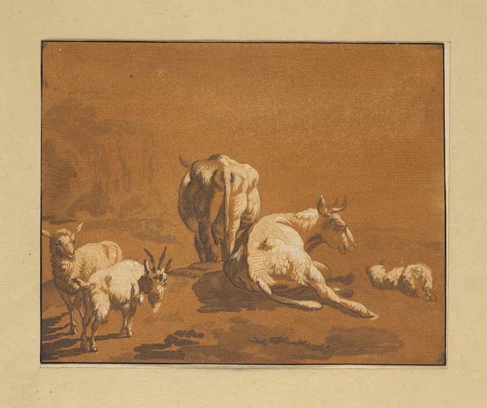 Print of two cows, two sheep, and a goat lying in a field