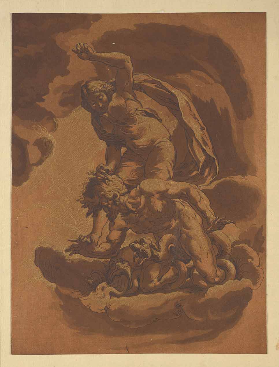 Print of a bare-chested woman with drapery flying around her and her fist raised to strike a muscular man on a kneeling on a cloud beneath her