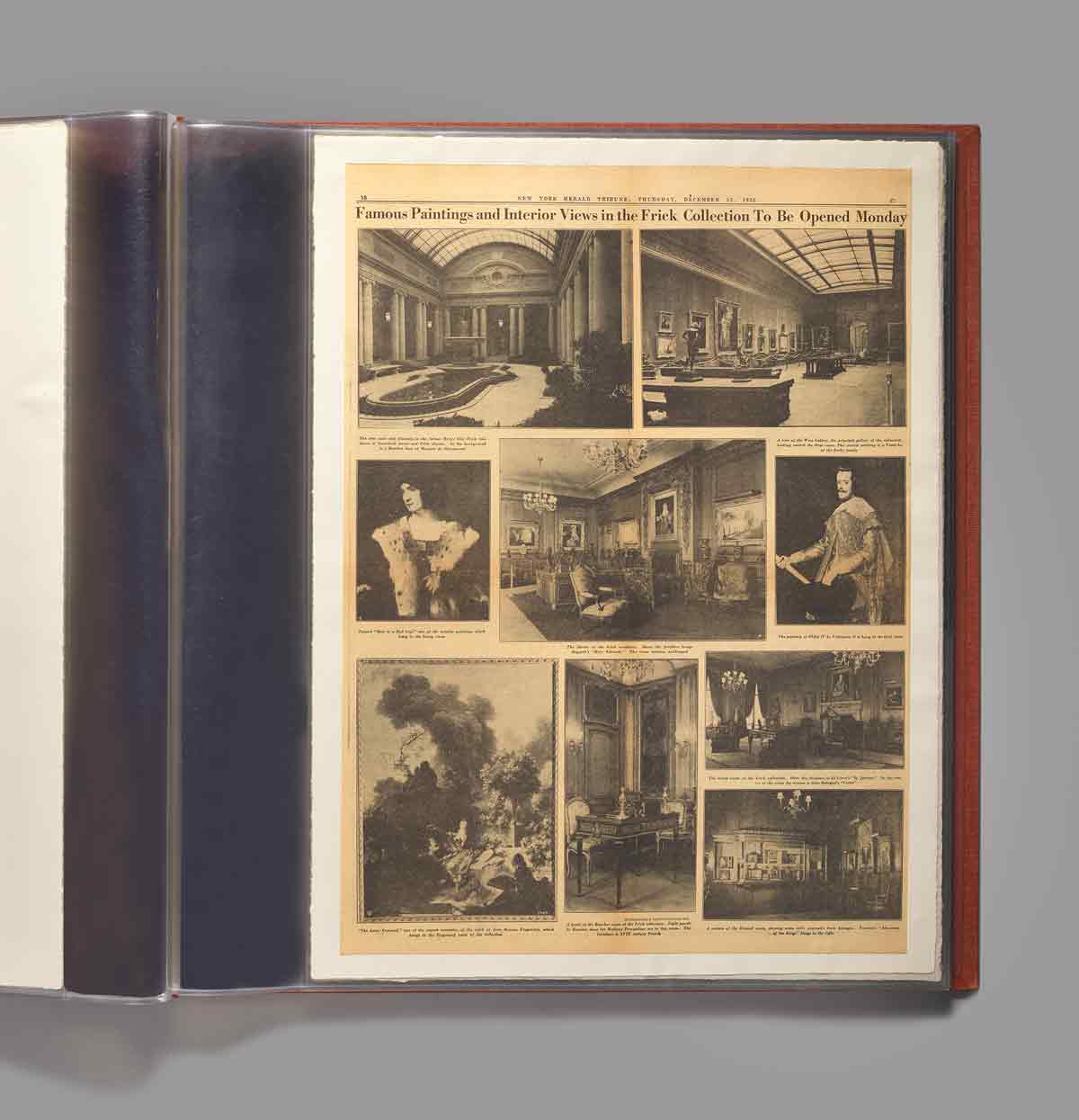 Righthand page of a large scrapbooks with a newspaper clipping featuring various works of art from The Frick Collection