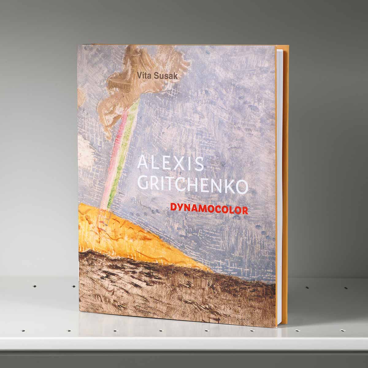 Book on a shelf whose cover features a detail of a blue, brown, and yellow abstract artwork