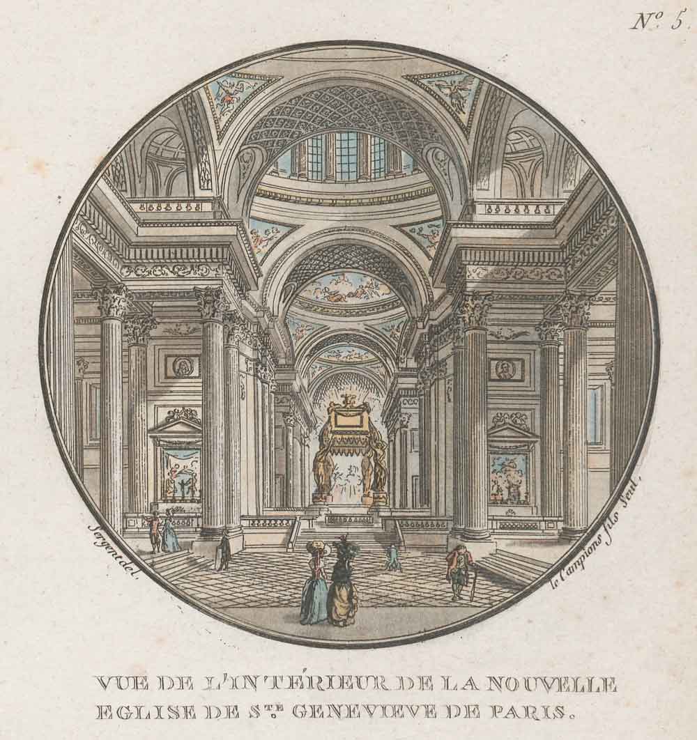 Aquatint engraving of figures in the grand vaulted interior of the Church of Saint Genevieve in Paris