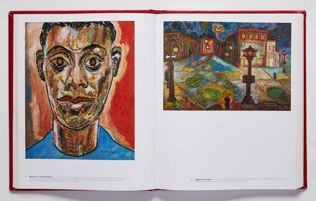 Book spread featuring a painted portrait of James Baldwin and a painting of a city streetscape