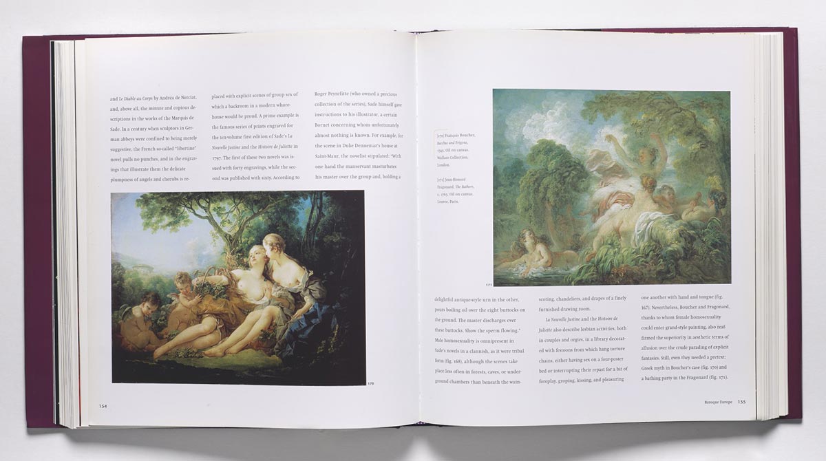 Spread of a book featuring text and two Rococo paintings of nude figures in nature