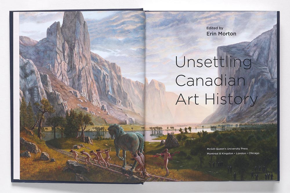 Title spread of a book showing a sweeping landscape with mountains, a river, and Native figures pulling a large horse statue
