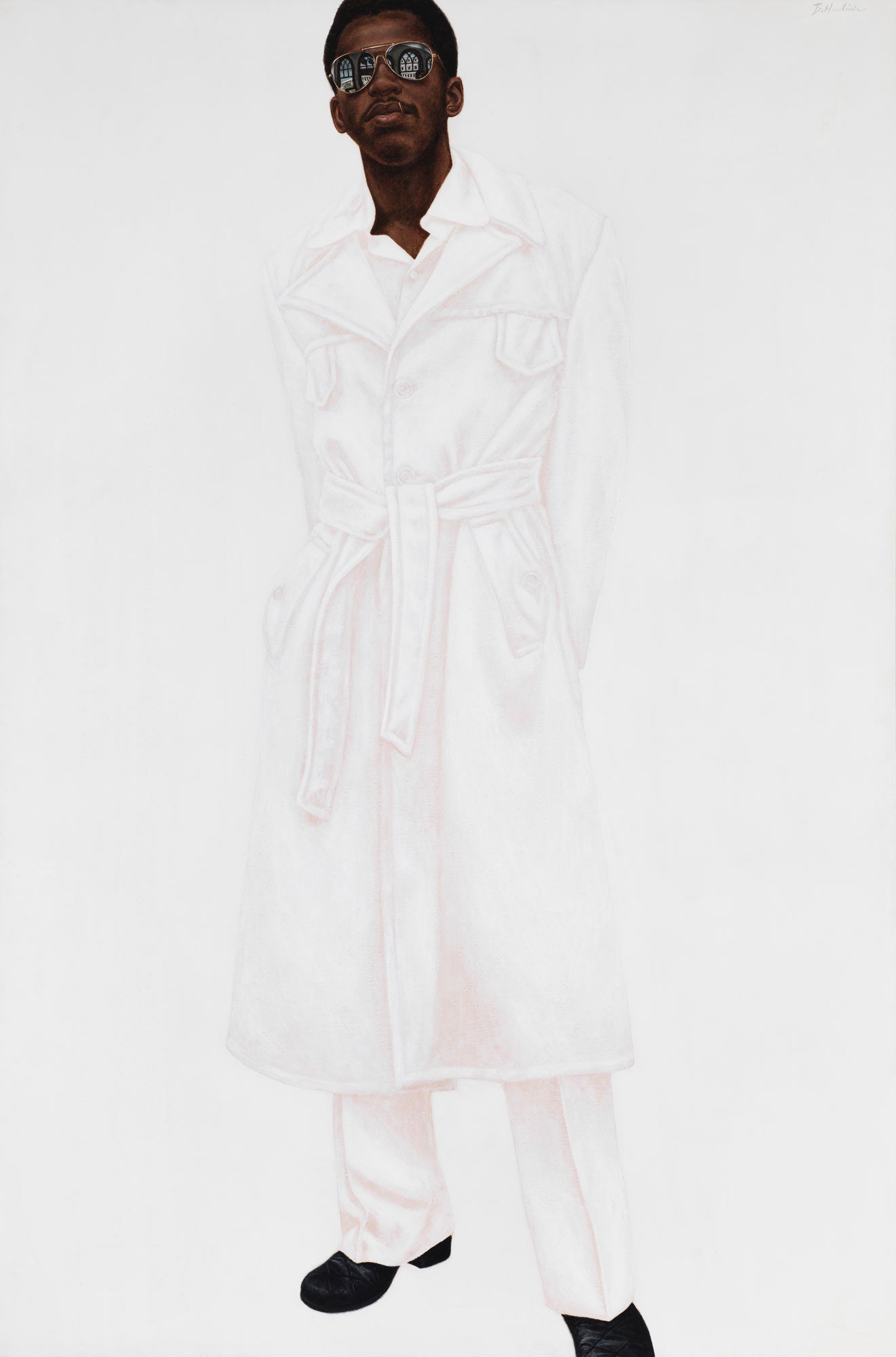 Portrait of a man in a white coat, white paints, and sunglasses against a white background