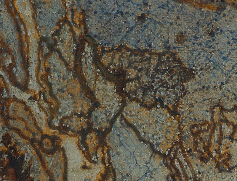 Close-up of a painting of a map, with individual dabs of paint placed side by side