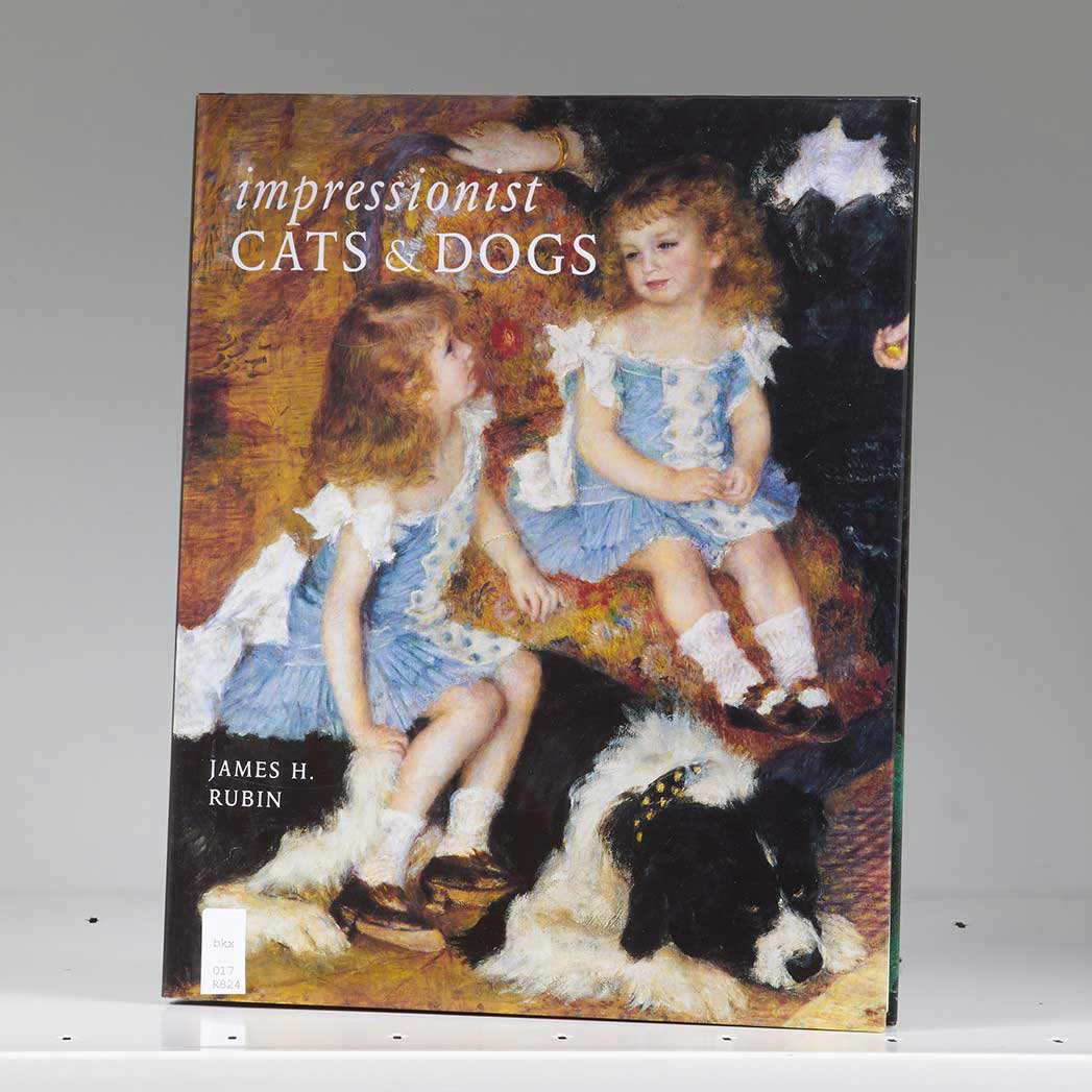 Book cover on a white shelf featuring a painting of two young girls in blue-and-white dresses with a large black-and-white dog at their feet
