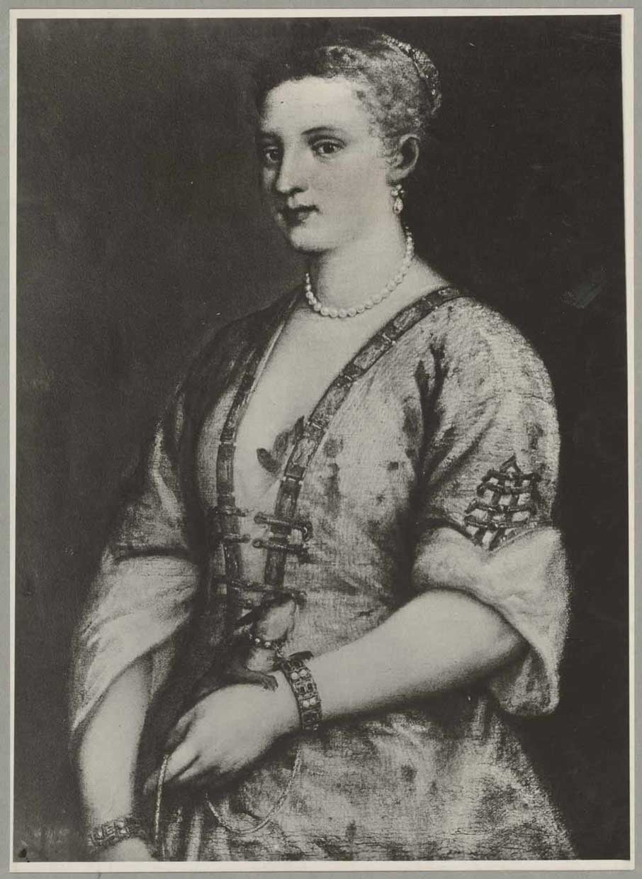 Portrait of a woman in a Renaissance dress holding a weasel