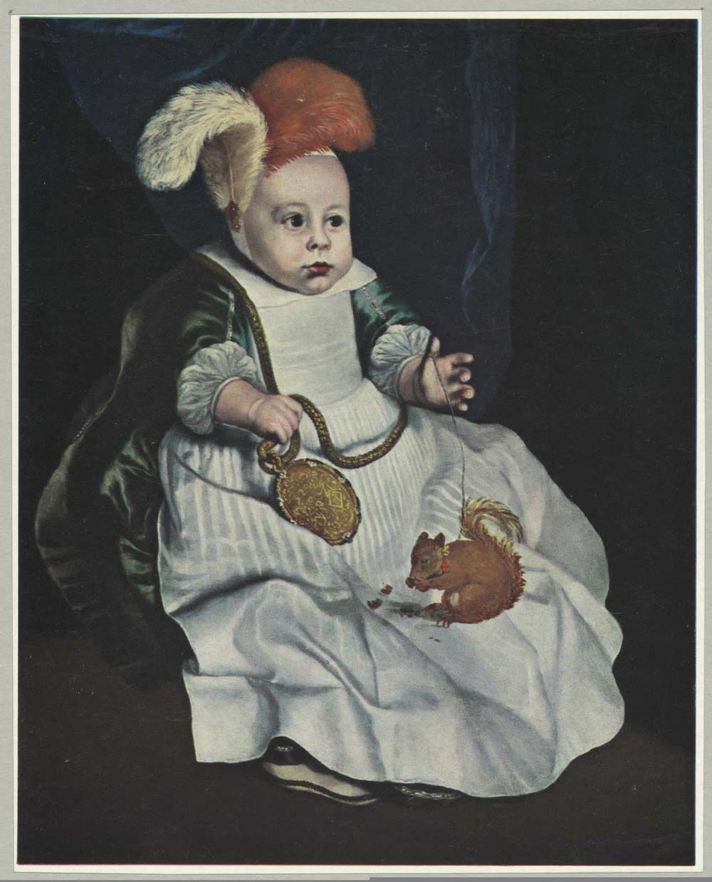 Portrait of a baby in a large dress with a white and red feather on its head and holding a squirrel on a leash