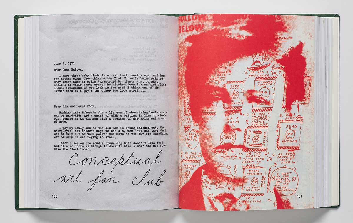 Book spread featuring a sketches over a boy's face in red, a typewritten letter, and the handwritten words "Conceptual art fan club"