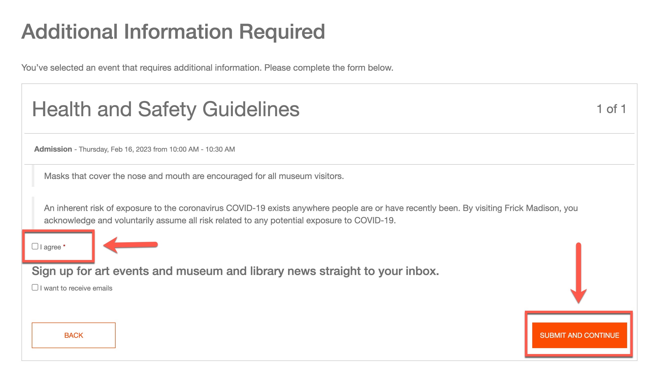 screenshot of health and safety guidelines agreement