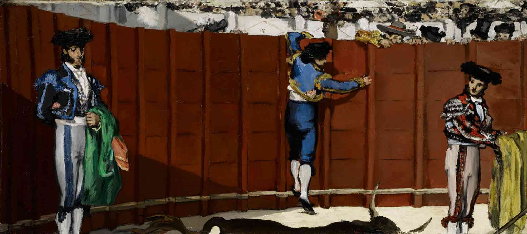 Painting of three bullfighters in a ring with the top of a bull in the foreground
