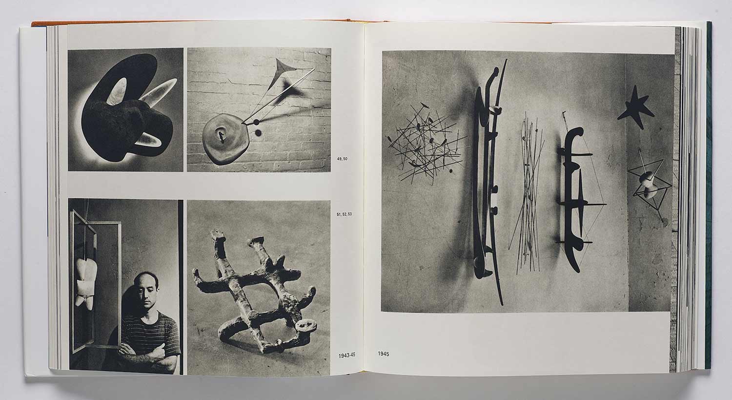 Book spread with a photo of an artist and images of his abstract sculptures
