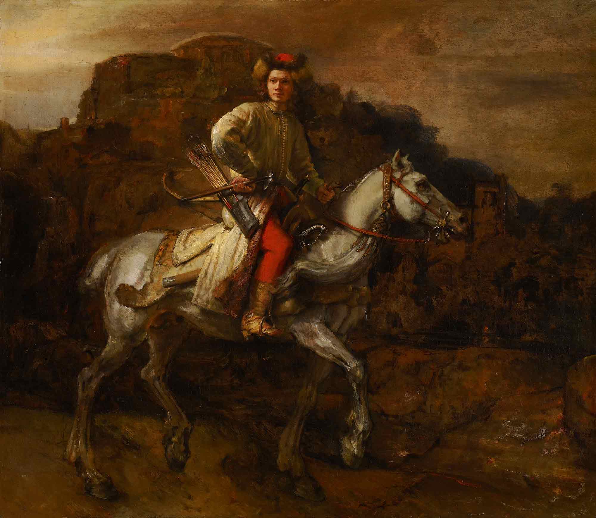 Moody landscape painting with a soldier on horseback
