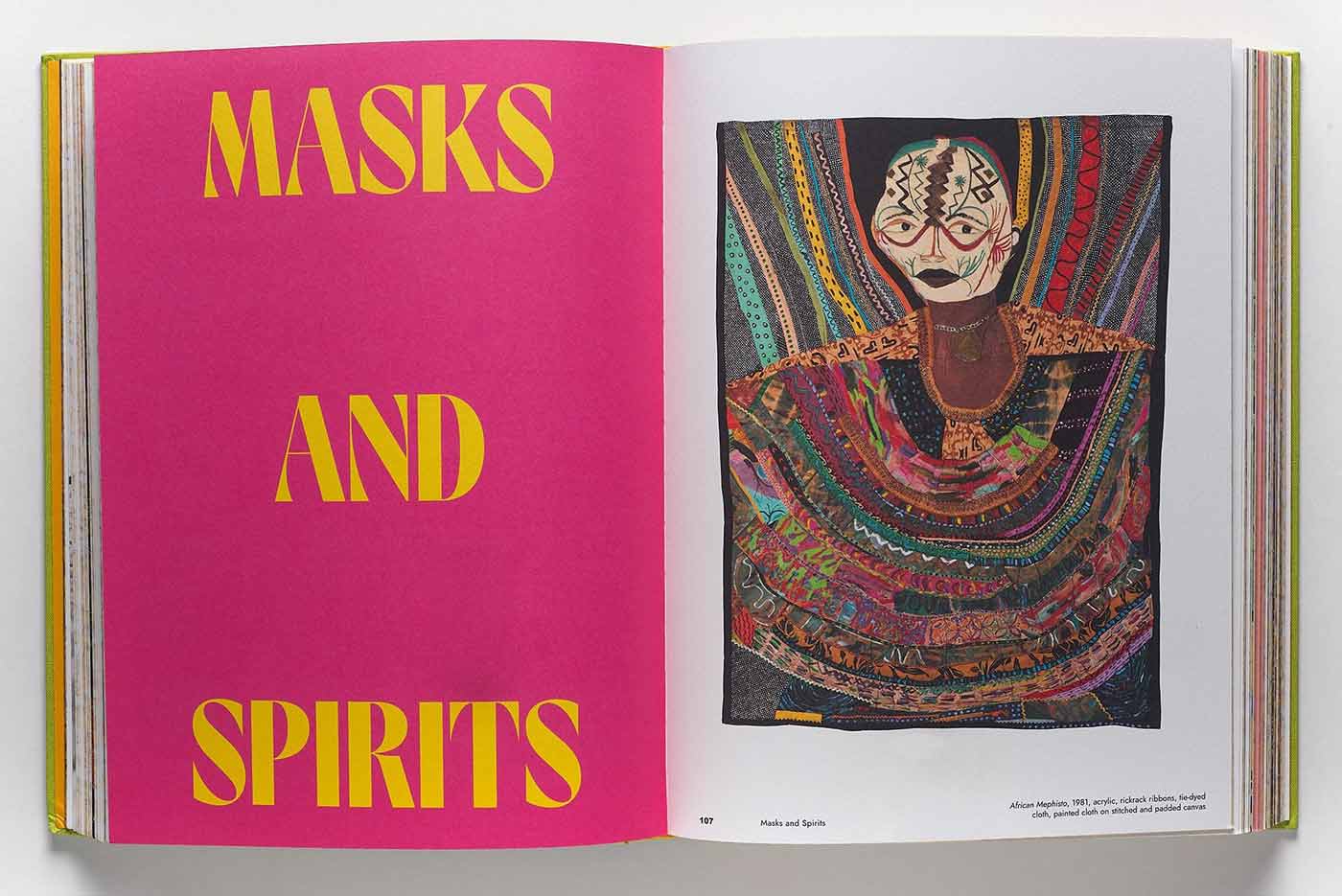 Book spread with the title page "Masks and Spirits" at left and an artwork of a mask-like decorative figure at right