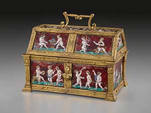 Casket: Putti and Mottoes of Courtly Love from Middle Ages, painted enamel on copper, partly gilded