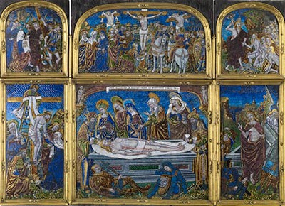 Double-Tiered Triptych: Scenes from the Passion of Christ, mid-sixteenth century, painted enamel on copper, partly gilded