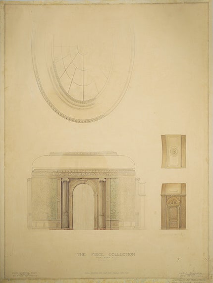 elevation drawing of Frick oval room depicting sketches of parts of room, circa 1935