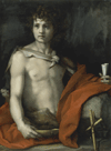half nude made with cloak and cross about him