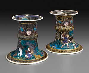 Pair of Saltcellars: Scenes from the Story of Orpheus, late sixteenth century, painted enamel on copper, partly gilded
