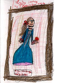 Student artwork in colored pencil of a women in a blue gown and red hair ribbon holding a rose