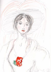 Student artwork in colored pencil of a woman wearing a hat and a dress with a rose