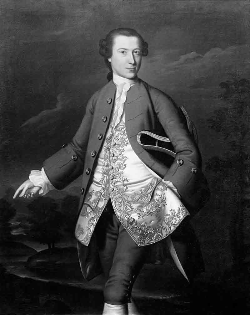 Three-quarter-length portrait of a man with a tri-cornered hat, painted against a landscape.