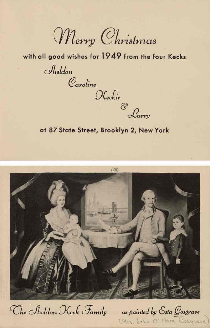 Christmas card from the Kecks showing a portrait of a family with two small children.