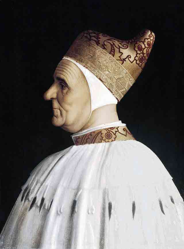 Painted portrait of an old man dressed in ermine robes and an embroidered corno ducale facing left.