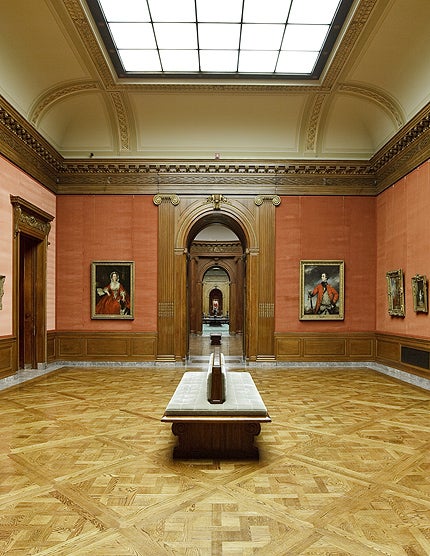photo of Frick's East Gallery, depicting skylight, paintings and bench, circa 2010