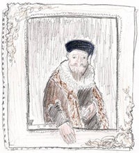 Student artwork of a costumed man in a black hat within a picture frame with right hand touching the bottom of the frame 