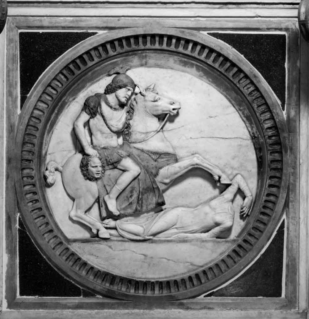 Black-and-white photograph of a detail from the Tomb of Doge Andrea Vendramin showing relief of Perseus and Medusa.