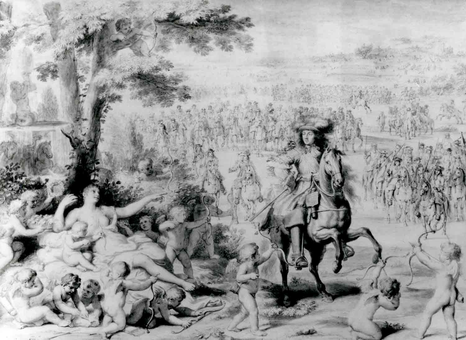 Drawing in black chalk and gray wash on paper of a man in early modern dress on horseback in the foreground of a battle scene. At left, the goddess Venus, naked and accompanied by putti, reclines and gestures toward him.