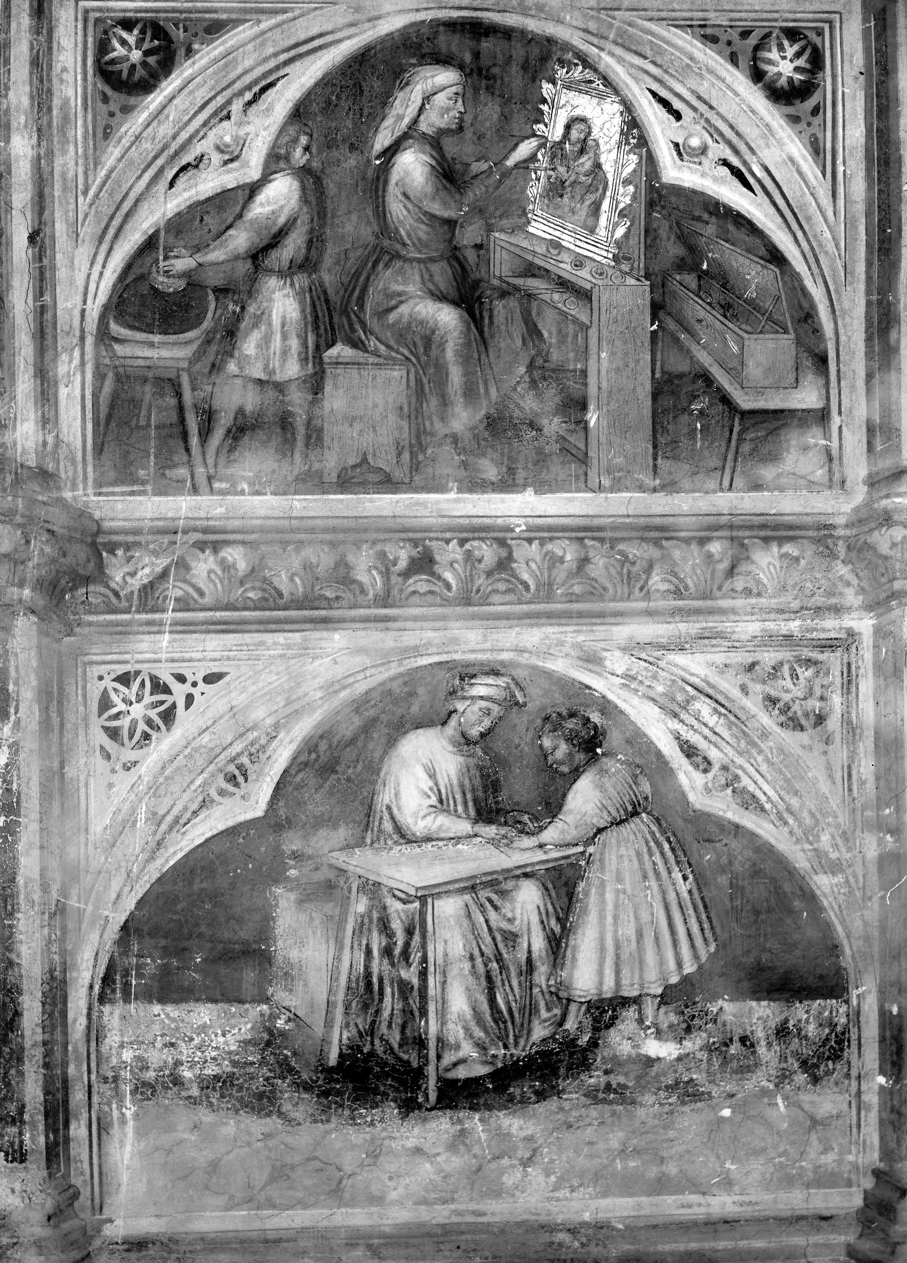 A fresco painting of an artist at an easel with an assistant standing nearby above a second fresco painting of a teacher and a pupil at a desk.
