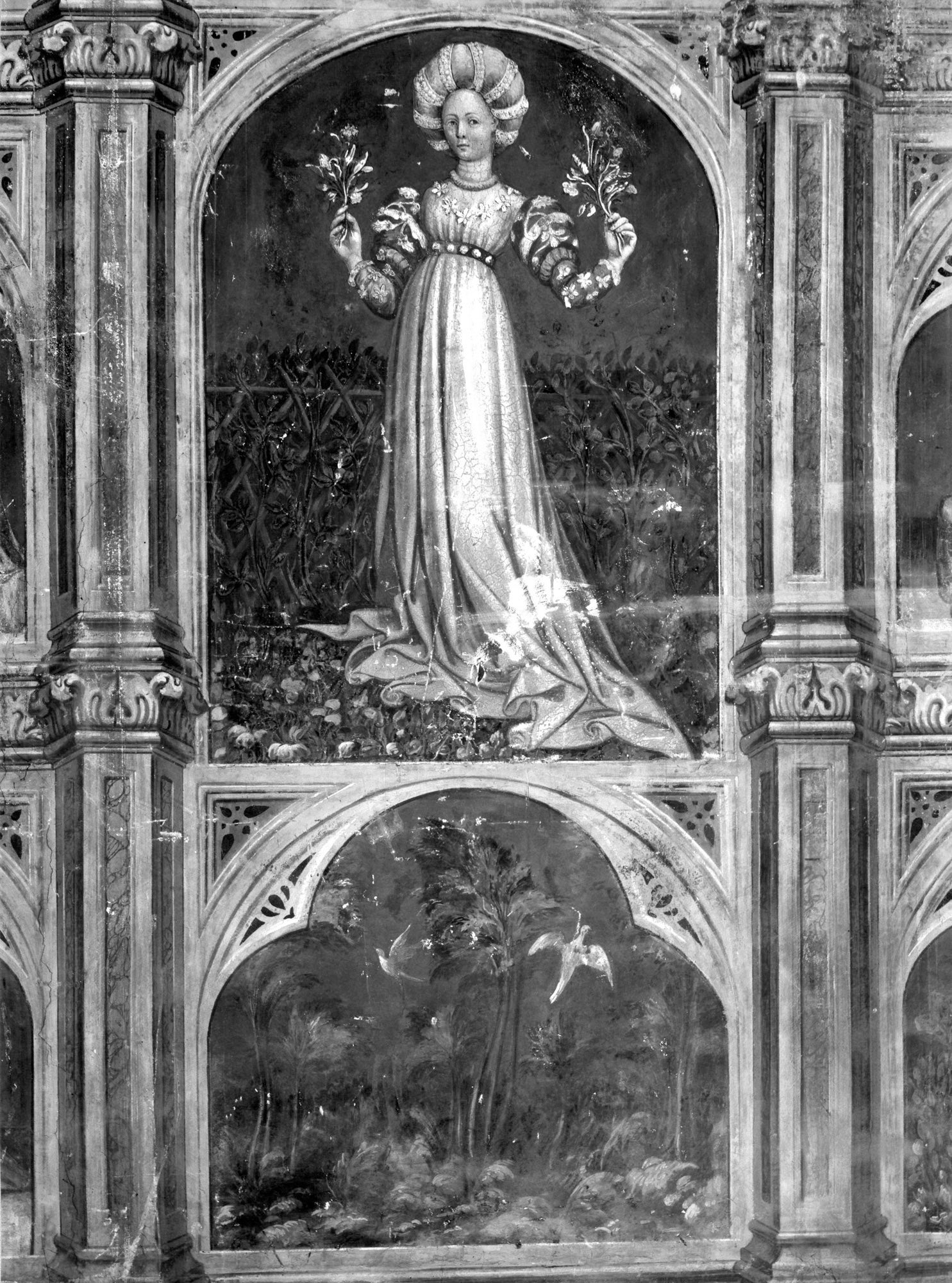 Fresco painting of a young woman in Renaissance dress holding flowers above a second fresco image of a garden landscape in bloom.