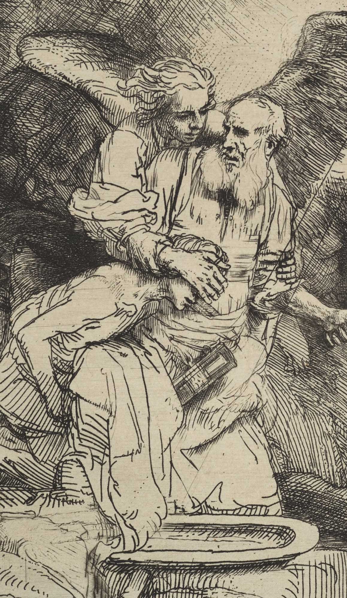 Rembrandt etching depicting biblical scene of the Sacrifice of Isaac